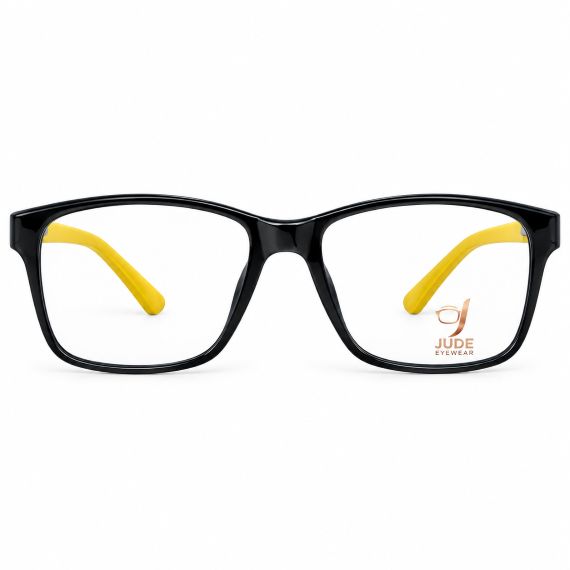 Jude Eyewear Midnight Black glasses with yellow temple tips, front view.